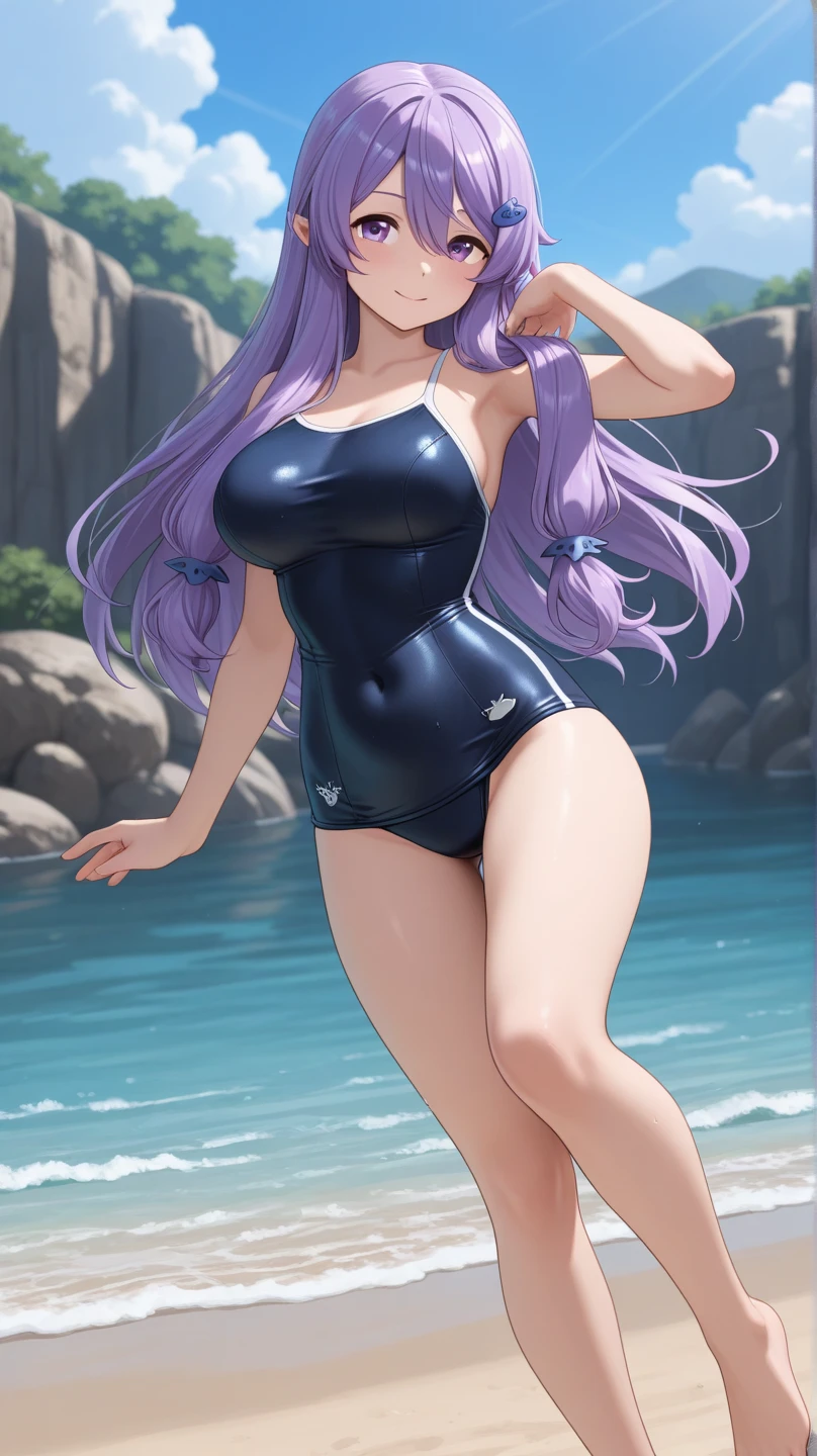 Realistic eyes, full body picture, standing, beautiful lady, lavender hair, dark makeup, hyperdetailed photography, sun light, athletic body, realistic gold eyes, hyperdetailed eyes, hyper realistic, 16k eyes in focus upper body, very high quality image, extreme details of realism, ultra definition, 16k UHD, Piped Splice Wide Strap One Piece Swimsuit , cloudy beach background