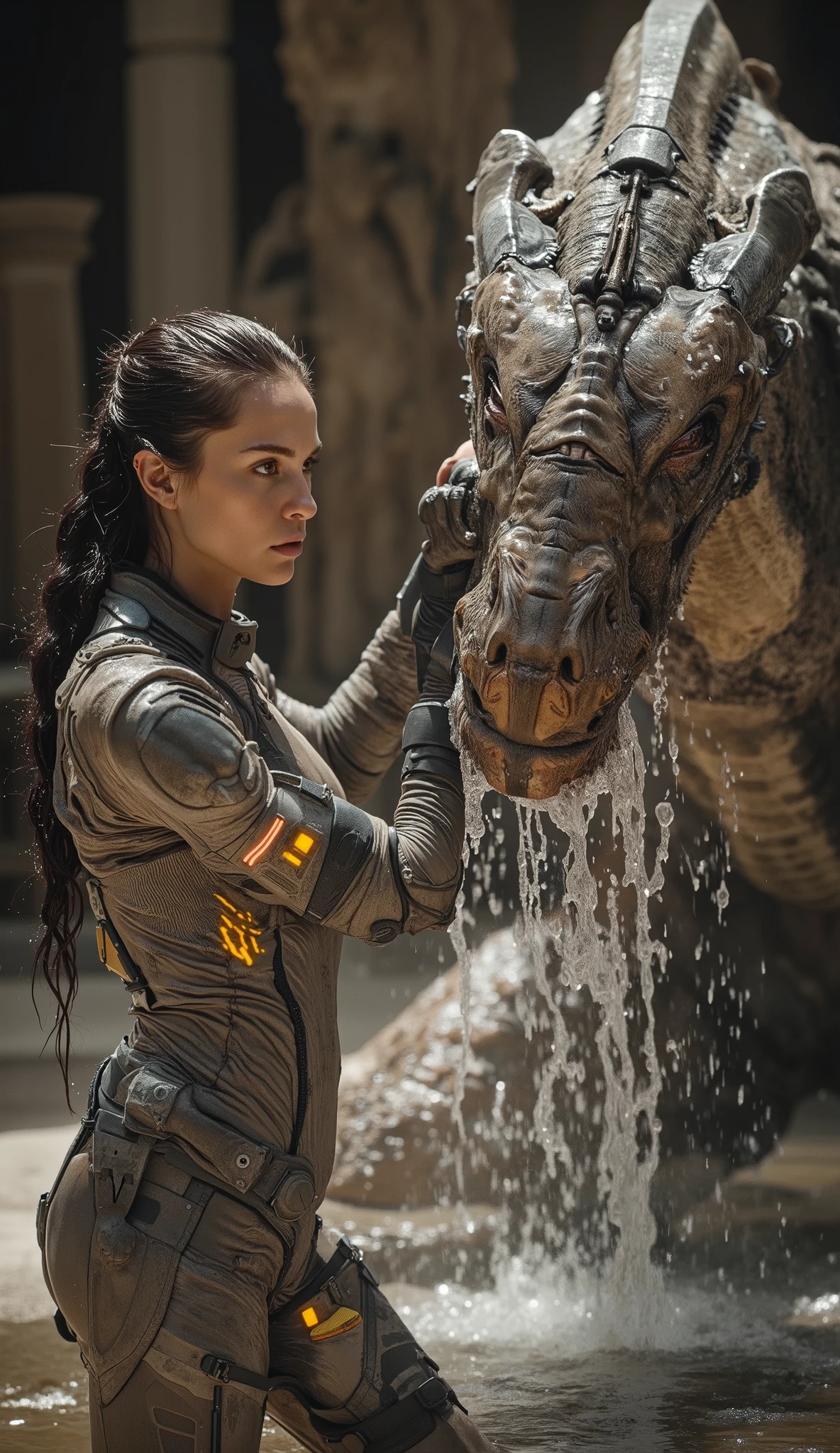 Young woman with athletic figure in ((skintight iridescent nanotech bodysuit)) that highlights her curves and feminine form, material gleaming wet as she works. ((The suit clings to every contour)), emphasizing her athletic yet sensual silhouette. She confidently handles a large foaming sponge, washing an enormous dragon (100 feet long) with hyper-detailed reptilian scales, each scale individually visible and reflecting light differently when wet. Dragon's skin texture combines snake-like smoothness with armored plates, showing intricate patterns and color variations. Modern royal stable courtyard features sleek chrome and glass elements intersecting with ancient stone architecture, creating dramatic contrast. Cascading water flows over dragon's muscular form, steam rising in golden afternoon light. Woman's rebellious beauty enhanced by geometric undercut hairstyle, rest of hair in long wet waves, arm tattoos showing futuristic tribal designs. Dragon's eyes show crystalline intelligence, pupils dilating with trust. ((Bodysuit shows technical patterns and glowing energy lines)), wet material reflecting sunlight. Wings spread 40 feet wide, membrane texture like translucent leather. Cinematic lighting, ray-traced reflections on wet surfaces, volumetric fog, photorealistic detail, 16k resolution, masterwork quality