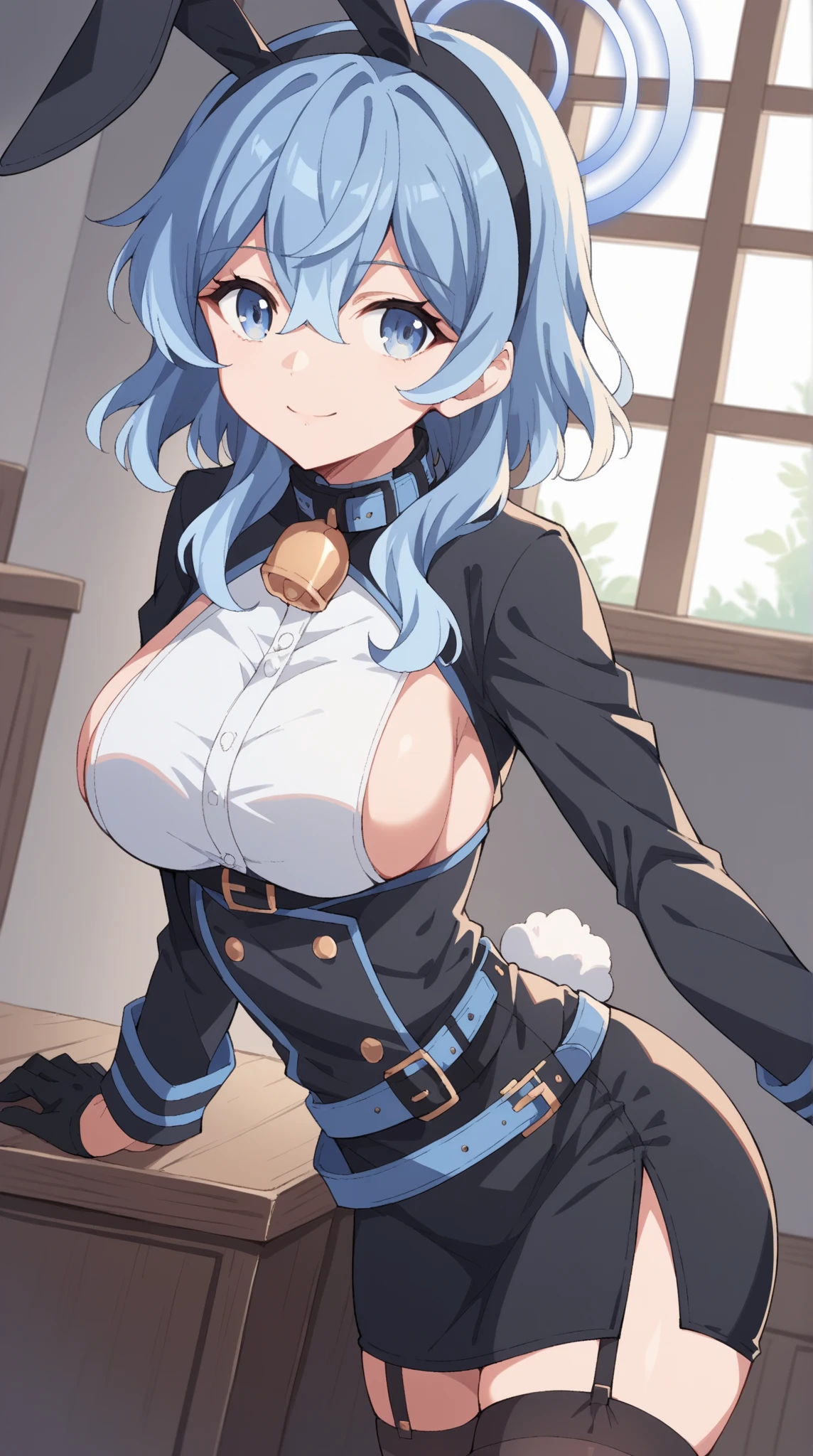 score_9, score_8_up, score_7_up, 1girl, solo, female focus, rimuru tempest, long hair, hair between eyes, blue hair, yellow eyes, long sleeves, open clothes, belt, coat, grey skirt, black pantyhoses, buckle, black belt, open coat, black coat, belt buckle, breasts, standing, nervous, cleavage, blushing, hands on breasts, looking at you, inside a medieval house