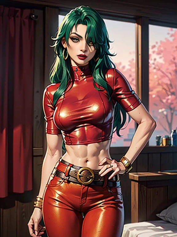 25 year old girl manga style ,delgada con cabello corto color  estilo bob color amarillo,ojos verdes oscuros, con mirada linda  y sonrisa  con busto estilo nanatsu no taizai,with anime style clothes,with top and crimson red chameleon tattoo on the abdomen 