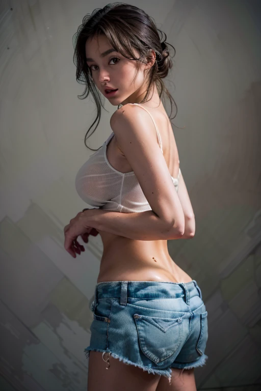 High resolution, High level image quality, high detail, masterpiece, rough skin, anatomically correct, sharp, gray background((japanese mature, 28 years old)), alone, ((close your eyes and open your mouth))、(Strong orgasm)、facial wrinkles, good shape big breasts, Straight light brown hair that reaches to the shoulders, slim body shape (((stand upright, facing the center of the screen.))), Close your mouth and look straight ahead with a serious face, ((cowboy shot)),I&#39;Looking for record of objection.、((Raise your arms and show me your armpits))、((Strong orgasm))wrinkles between eyebrows、turtleneck sleeveless knit、((skin shining with sweat、Arms glistening with sweat、face shining with sweat,))