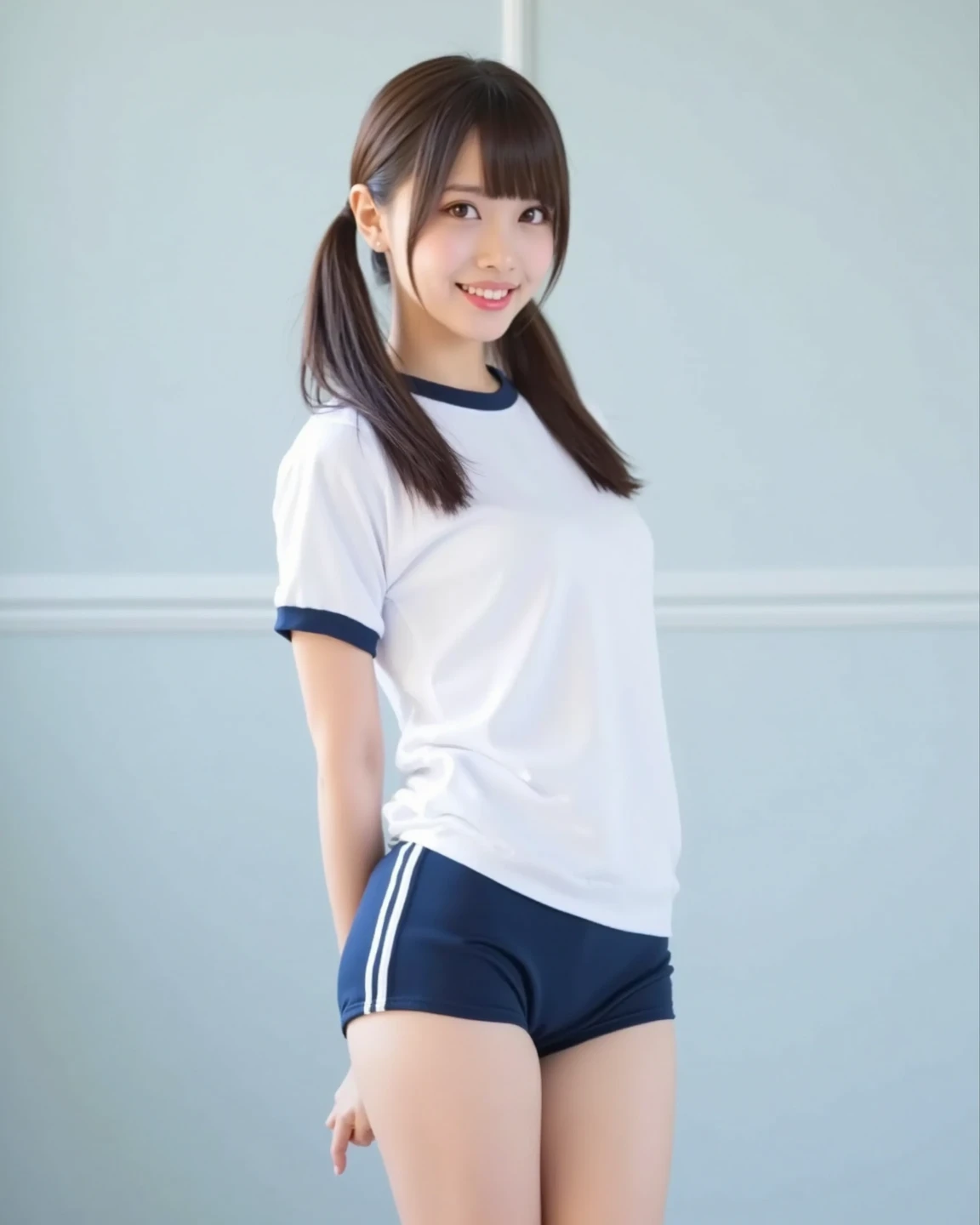 score_9, score_8_up, score_7_up,(Best quality:1.0),(masterpiece:1.0),photorealism, realistic, photorealistic, Beautiful Adolescent, break, 1girl, 15yo,, cute face, (black hair:1.1), (black eyes), low ponytail, (small breasts:1.1), beautiful Detailed (well-shaped) breasts, slender, smile,(japanese:1.2), short sleeves, blue shorts, gym uniform,(Detailed Lighting), (Detailed background), indoors, mat, gym storeroom, BREAK ,,super detailed skin,shiny skin,very high resolution, very aesthetic, Best sexual lighting powered by famous artist, 8k, 16k, sexual photo, photoshop_(medium),,best photo 8k konachan wallpaper, UHD Picture,uncensored,