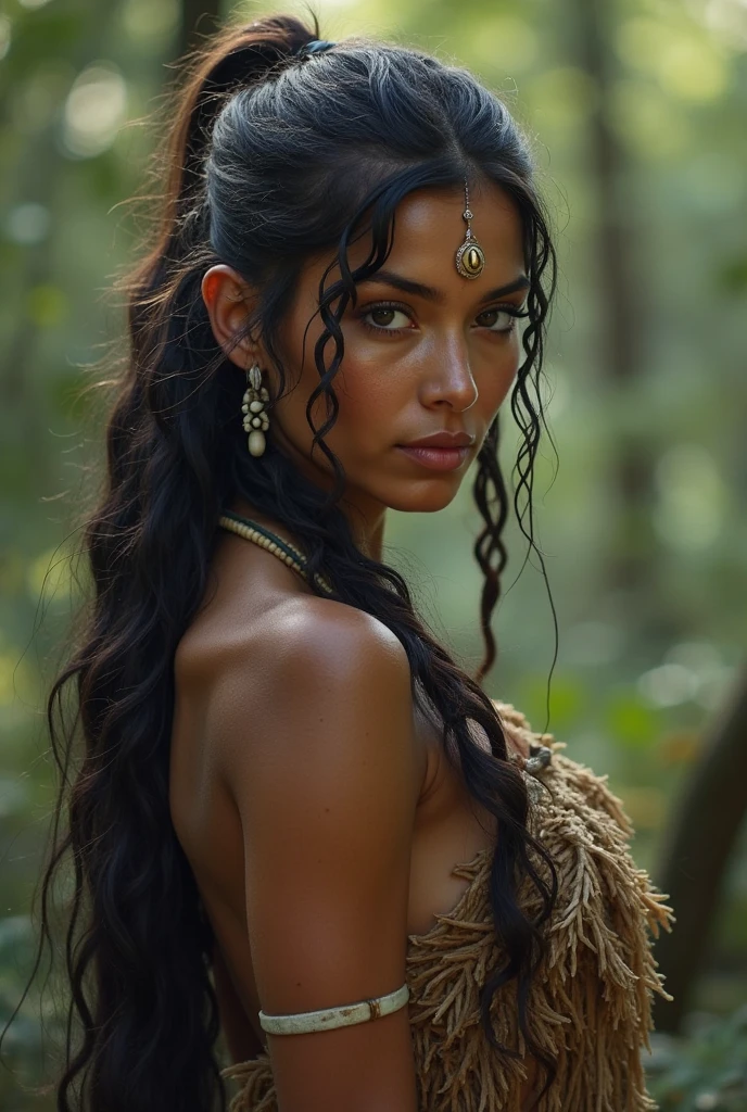 La mejor calidad,4k,Altas Resoluciones,Obra maestra:1.2,Ultra detallado,realista:1.37,(illustration:1.1),Luis Royo Style,Las hermosas Pocahontas de Disney,(Traje tribal:1.1,cuero,plumaje),(Carisma tipo carpintero),(Caras expresivas),(Fondo del bosque),(mirada intensa),(Entorno exuberante),(colores vibrantes),(Ethereal lighting),(cabello detallado),(Ancient atmosphere)
