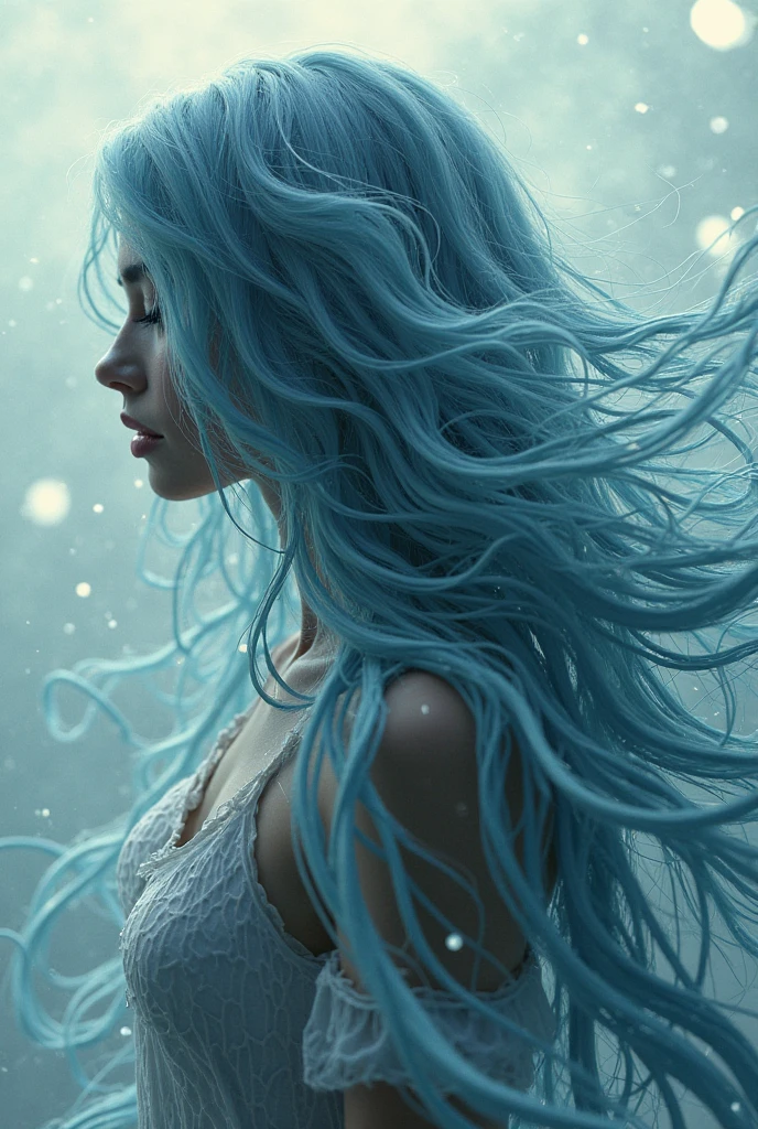 1girl, about 20 years old, long light blue hair, messy hair, hair bangs, hair blowing in the wind. Jumping. ice flouting in hear hand. imposing. Delicate facial features. Purple eyes