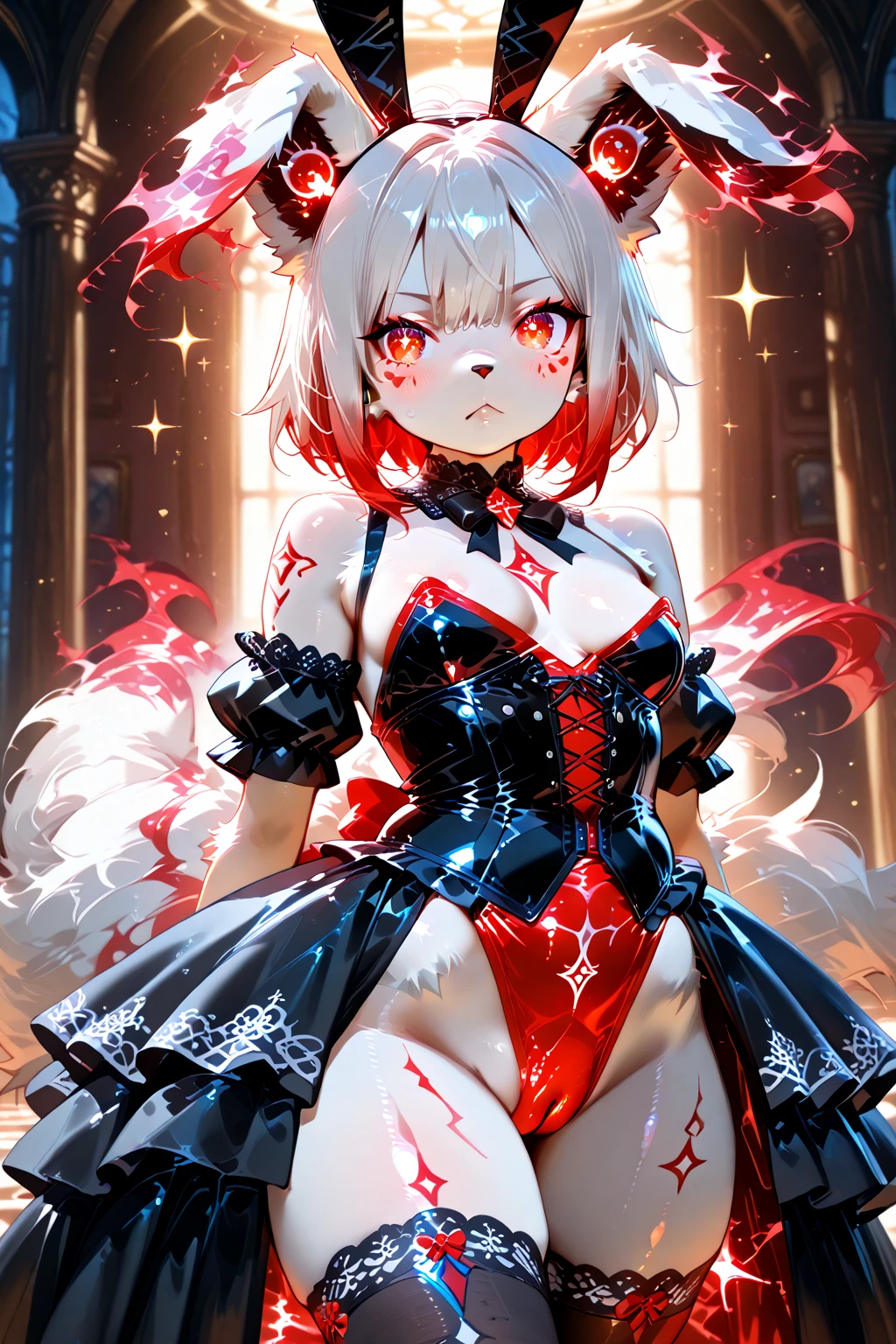 Silver hair, pink eyes, body, cat ears, sexy girl, earrings, heart background fantasy, red uniform, hair bow