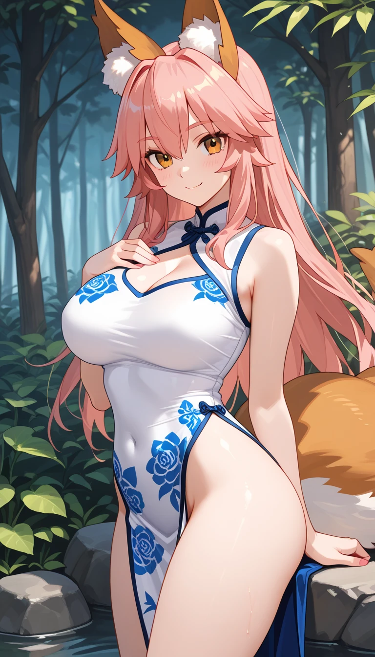 extremely detailed face，Hung on a tree，Wrapped in net，Bright red lips，Long blond hair，Kneeling on the ground，Calm expression，Malu，blush，Handcuffs，Collar，Fox ears，Glowing skin，Abandoned Town，Stone ground，trees