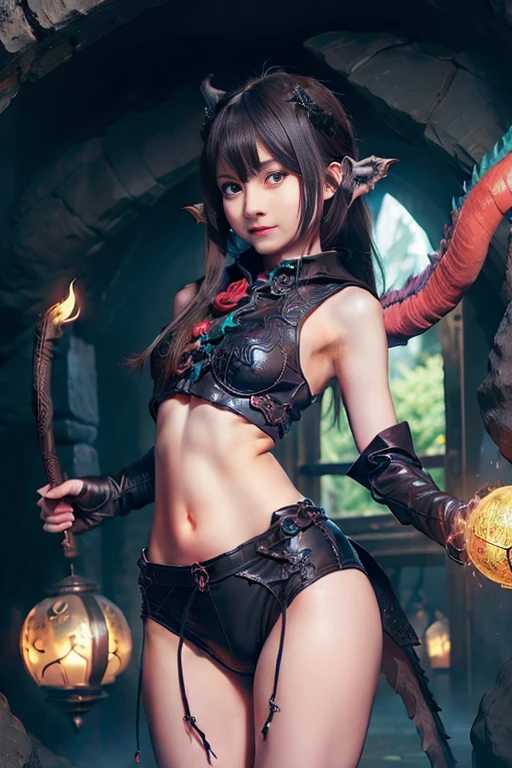 Highest quality、Masterpiece、(((Thick fog of darkness、Black forest、ruins、torii)))、One Japanese demon beauty、Cover your chest with your hands(((((small two horns)))))、Black micro bikini lingerie、Cute lower body、Sexy angle