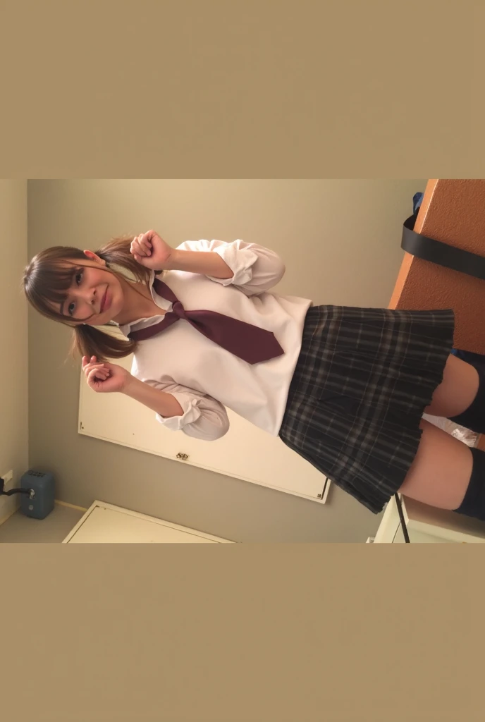 ((masterpiece, highest quality:1.2)), (High resolution,Fine details),(4K images)((The whole body is visible)),((Shooting from the front)),Natural images,No discomfort,one person,Japanese,Beauty,Student Model,slim, Breast augmentation,The eyes are large, double eyelids, and droopy.,He is calling out with his mouth wide open.,Stretching out the tongue,Her posture is squatting,Pretending to grab something with his right hand,Her outfit is a thin, low-cut school uniform and a white short skirt.,The chest is wide open,White ,Wearing long white socks one on top of the other,She is wearing high-top black sneakers.