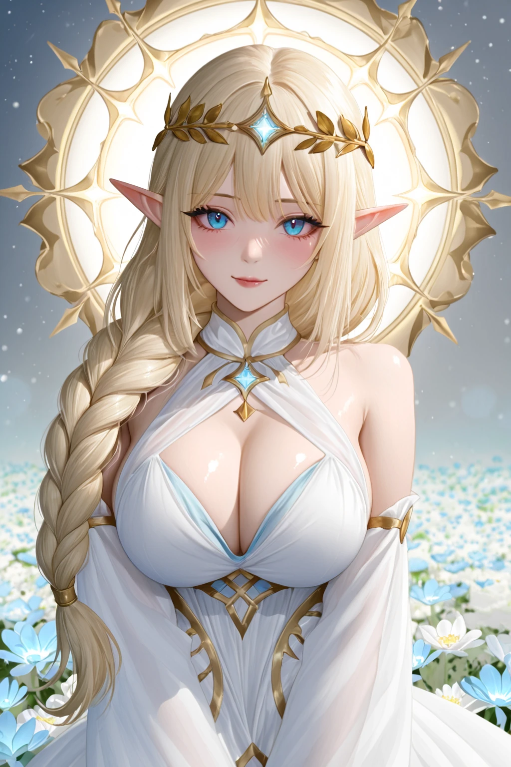 1girl, bare shoulders, blonde hair, blush, breasts, circlet, cleavage, closed mouth, dress, elf, green eyes, head wreath, huge breasts, laurel crown, long hair, looking at viewer, o-ring, o-ring top, pointy ears, simple background, solo, upper body, white dress,celestine lucullus,realisic,(shiny skin),(masterpiece:1.4),(best quality:1.4), blue sky and nimbus background