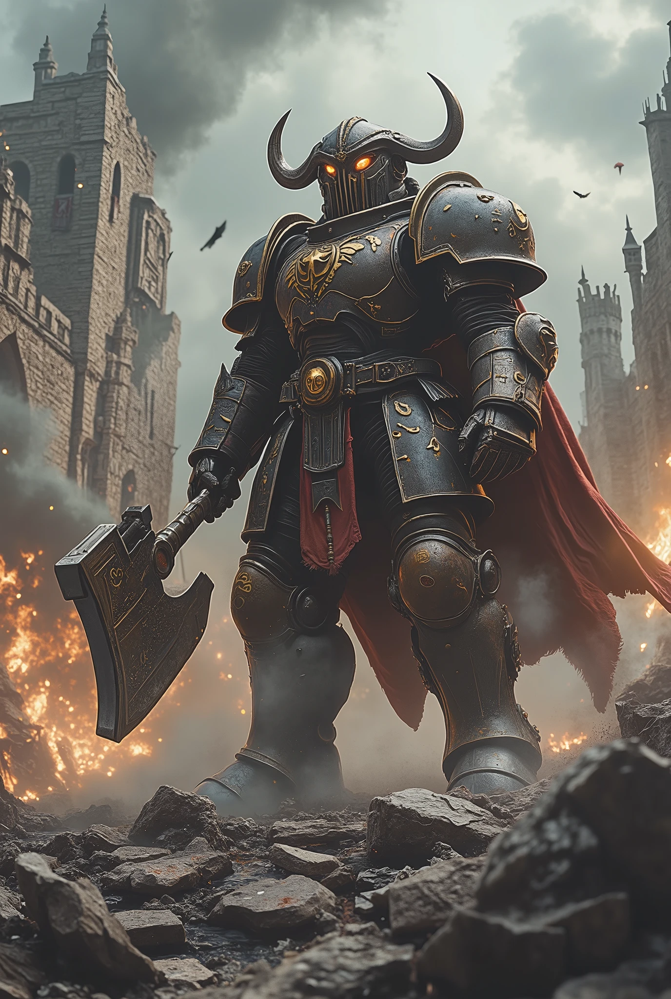 (masterpiece, ultra-HD, 32k, photorealistic, cinematic lighting, dramatic shadows, film grain, glowing particles, volumetric fog, depth of field, moody tone, official art style)
Low-angle full-body shot, slightly tilted: A towering Buffalo-headed knight stands defiant in the heart of a shattered battlefield. His heavy war-armor—scarred, rusted, and etched with glowing ancient runes—blends brutal grimdark fantasy and tribal ferocity. Massive curled horns rise from a worn iron helm, breath steaming through a rune-inscribed mask.
Foreground: Fractured stone, shattered weapons, and war banners tangled in ash. Loose embers drift past the lens, catching flickers of red-orange light.
Midground: The knight grips a giant runed great-axe, its blade glowing faintly gold with enchantment. A torn crimson cloak trails in the wind. Blood and soot cling to his fur-lined armor joints. His stance is firm—battle-worn yet unyielding, as if holding a final line.
Background: Jagged ruins of a gothic citadel loom behind, wrapped in mist and smoke. Faint outlines of siege towers collapse in the distance beneath a storm-lit sky.
Lighting & Color: Golden rim light outlines his silhouette. Sky bleeds deep crimson and rotten teal tones. Shadow and light play across steel plates, highlighting runes. The scene glows with a grim, mythic aura—a fallen world clinging to valor.