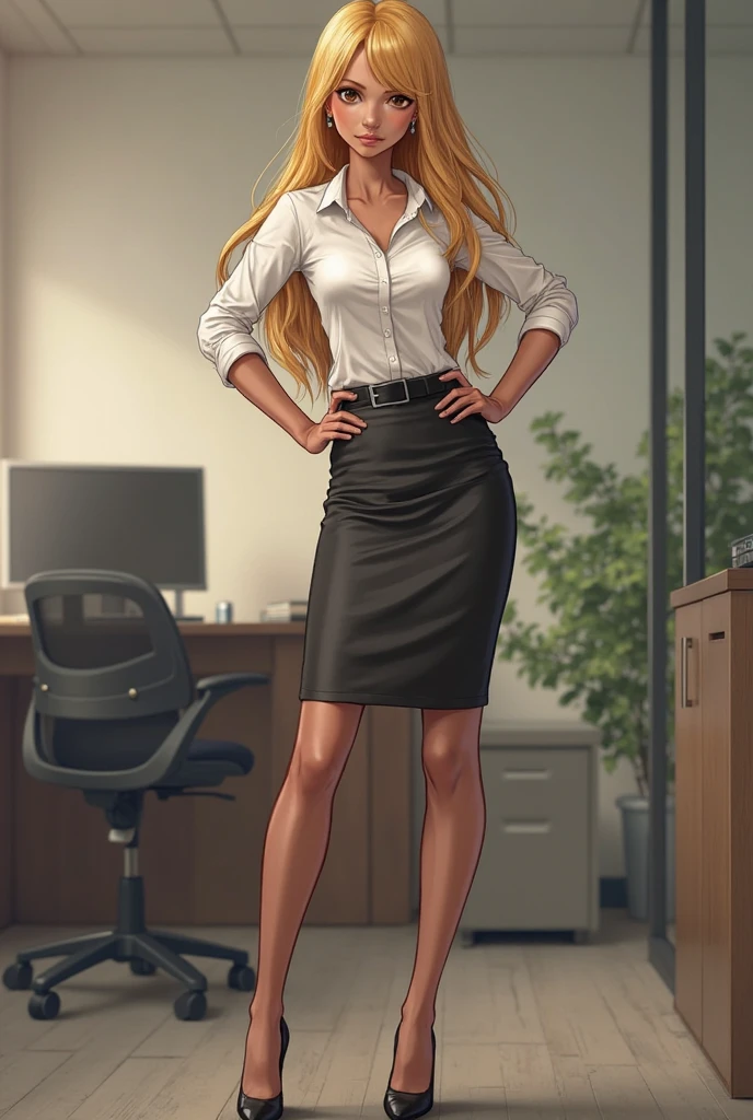 (Best quality, 8K, 32K, Masterpiece, UHD:1.2),Photo of a beautiful Swede, ((1 girl)), ((One)) (long straight golden platinum hair), double eyelid, big breasts, deep chest neckline, in a white silk blouse, sexy tight blouse, long sleeve, short gray skirt, blue high-heeled shoes, Standing in the school hallway, look at the viewer, slight smile, Gold hoop earrings