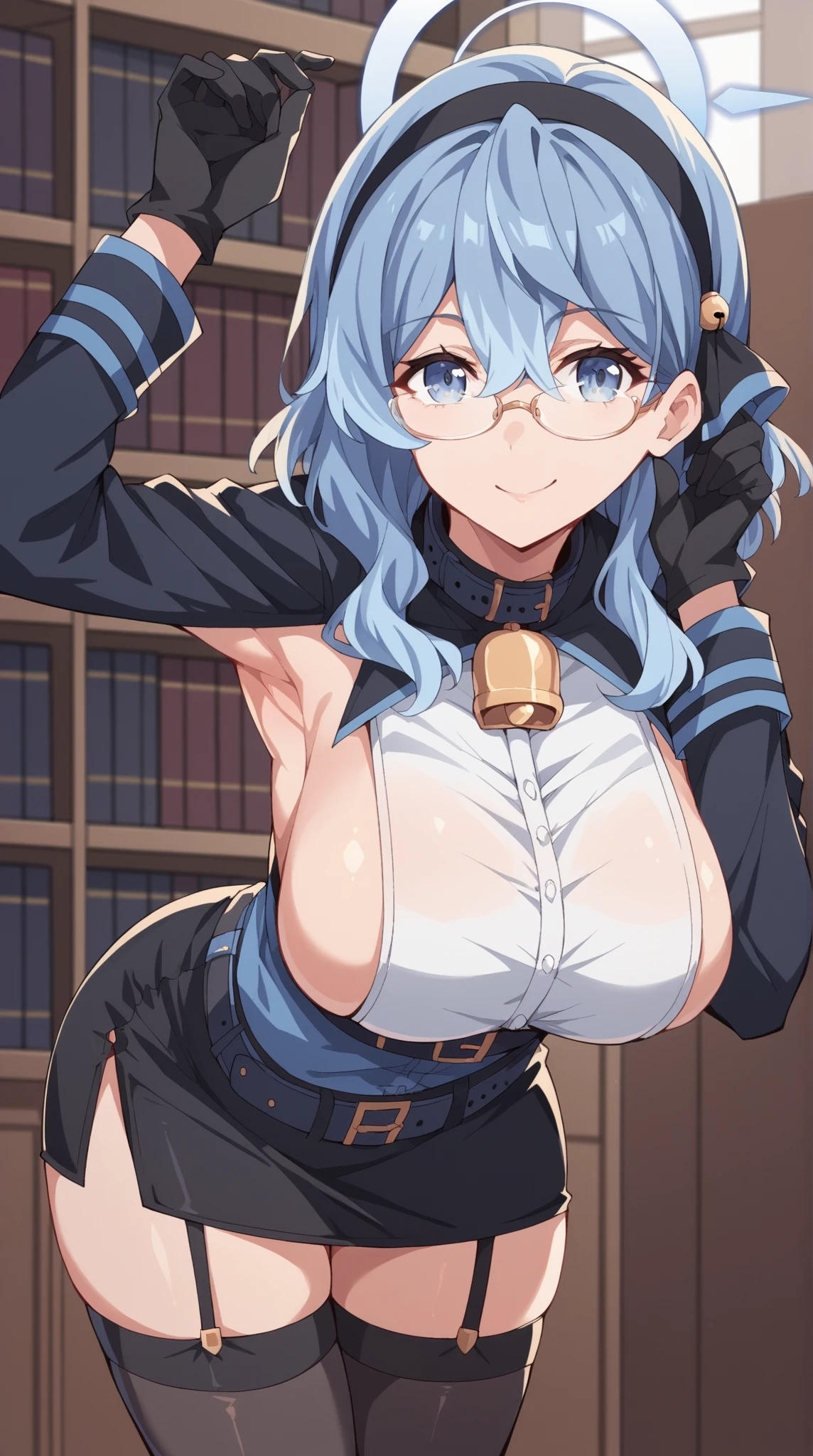 Cute naughty priestess, Pastel colors hair, large breasts, Thighs, (silver hair), blue hair, long hair, (pouted:1,2, blush:1.2), half updo, double bun, (naked:1.3), at the adventurer's guild, A bulletin board with posted paper