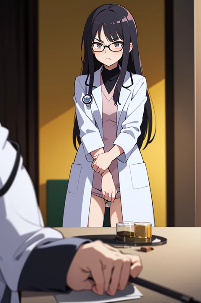 highest quality, High resolution, A woman wearing glasses, focus only, Medium body, small breasts, it is in it, No Pan No Bra, blush, embarrassing,Reluctant, troubled, naked, hiding hands, nipples, short hair, sitting on a stool, black hair, examination room (Doctors in white coats around me, old, calm, groping someone else's breasts) From behind