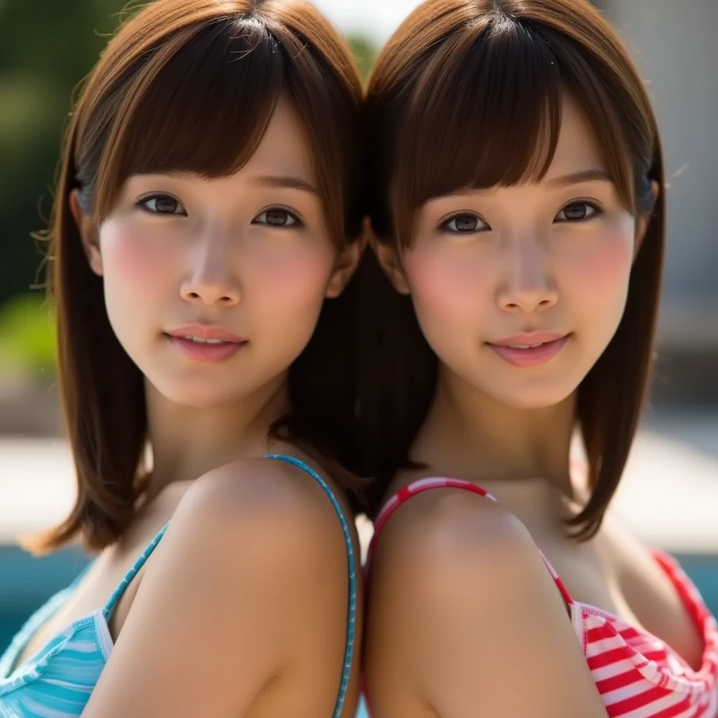 (2girl), air bangs, beautiful girl, enchanting smile, (extremely detailed beautiful face), (highly detailed eyes, highly detailed face), (bikini), Fresh, very clean appearance, (best Quality:1.4), (hyper-realistic, hight resolution), Professional Photography, beach, palm trees, standing