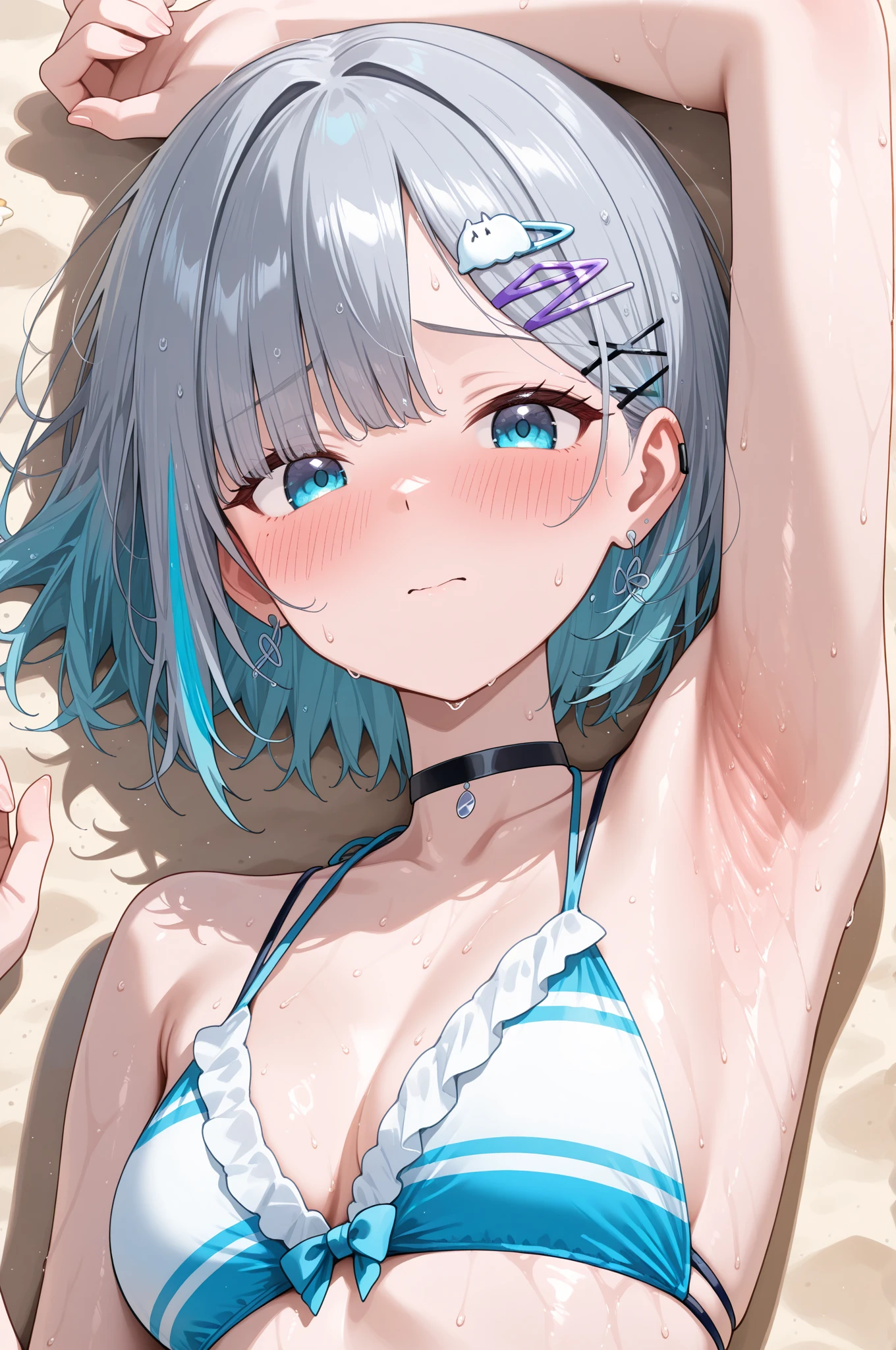 (masterpiece、top-quality、Top image quality:1.2)、((kawaii))、(((tiny black micro bikini)))、(((Colossal tits)))、((1 girl in))、独奏、tre anatomically correct、clean、Beautiful breasts、((teats))、(((Sheer nipples)))、beach side、nearly naked、((25-years old))