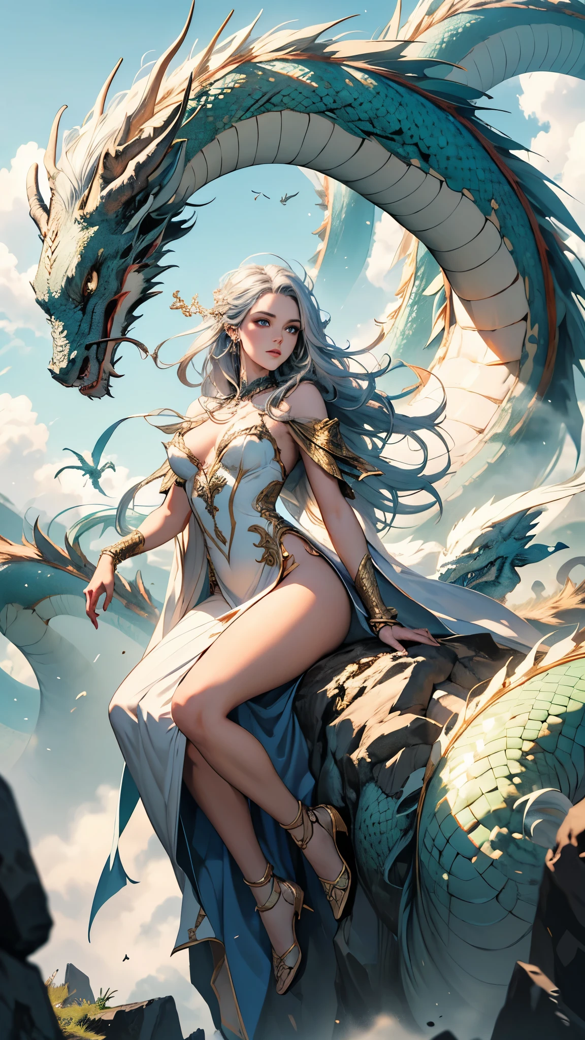Amazing illustration of dragon behind beautiful girl, Beautiful rainbow kimono, masutepiece, A golden dragon surrounded by gold dust, Wind, God, Long wavy body, tusks, fantasy, mito, High quality, Highly detailed, masutepiece, Epic, Particle effect, Dynamic effects, Eyes are crystals, good luck, gold background, Wealth is on the rise, gold, One head, Realistic, Dragon God, The background is golden, 7 colors of brilliance, Grand,