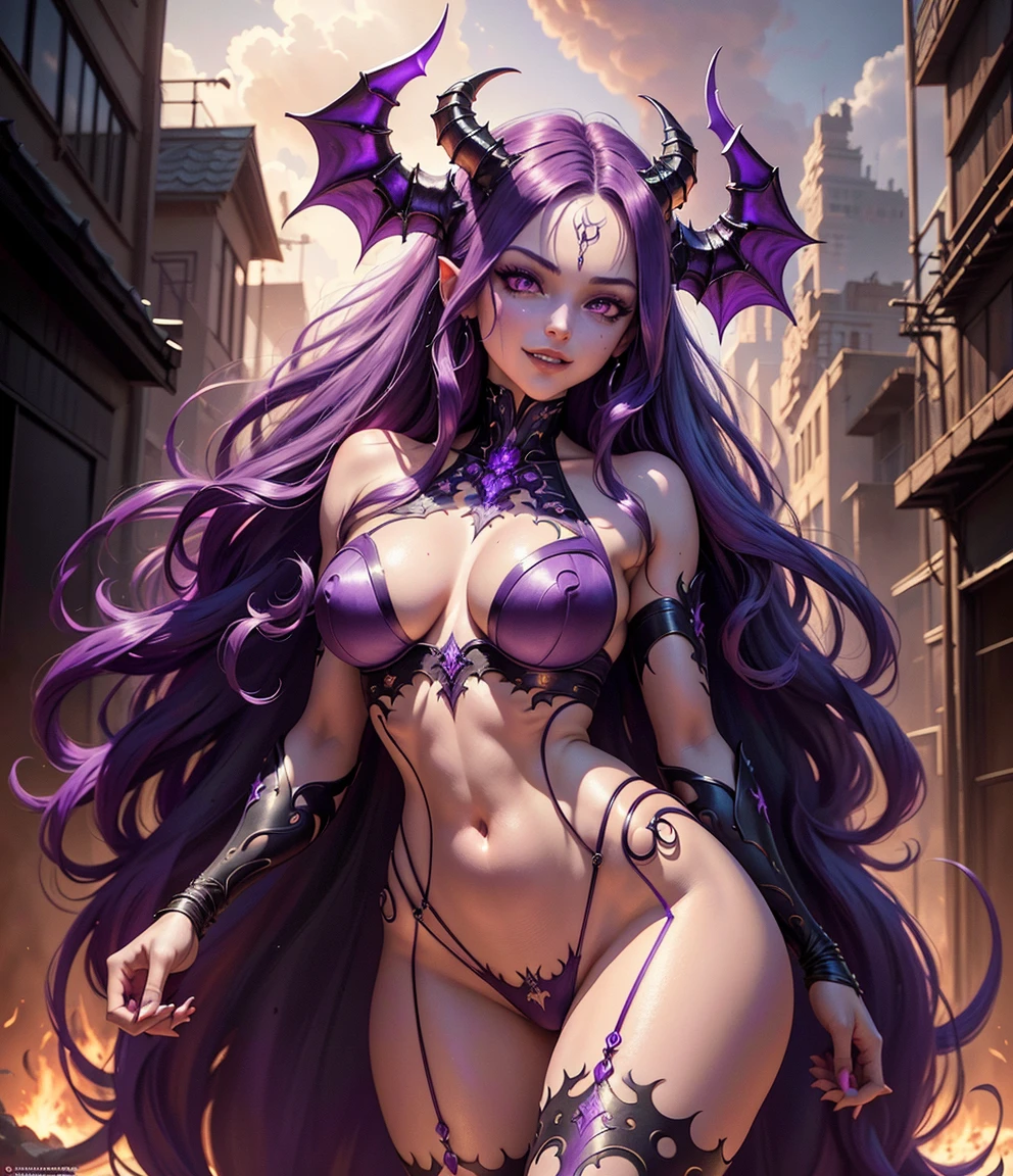 ((best quality)), ((masterpiece)), (detailed), perfect face, detailed key anime art, detailed anime concept art, female, half human half dragon, dragon girl, purple scales, white horns on head, long tail, claws, purple dragon scales on arms, purple dragon scales on legs, purple dragon scales in midsection, small breasts, breasts obscured by purple scales, curly black hair, bright green eyes