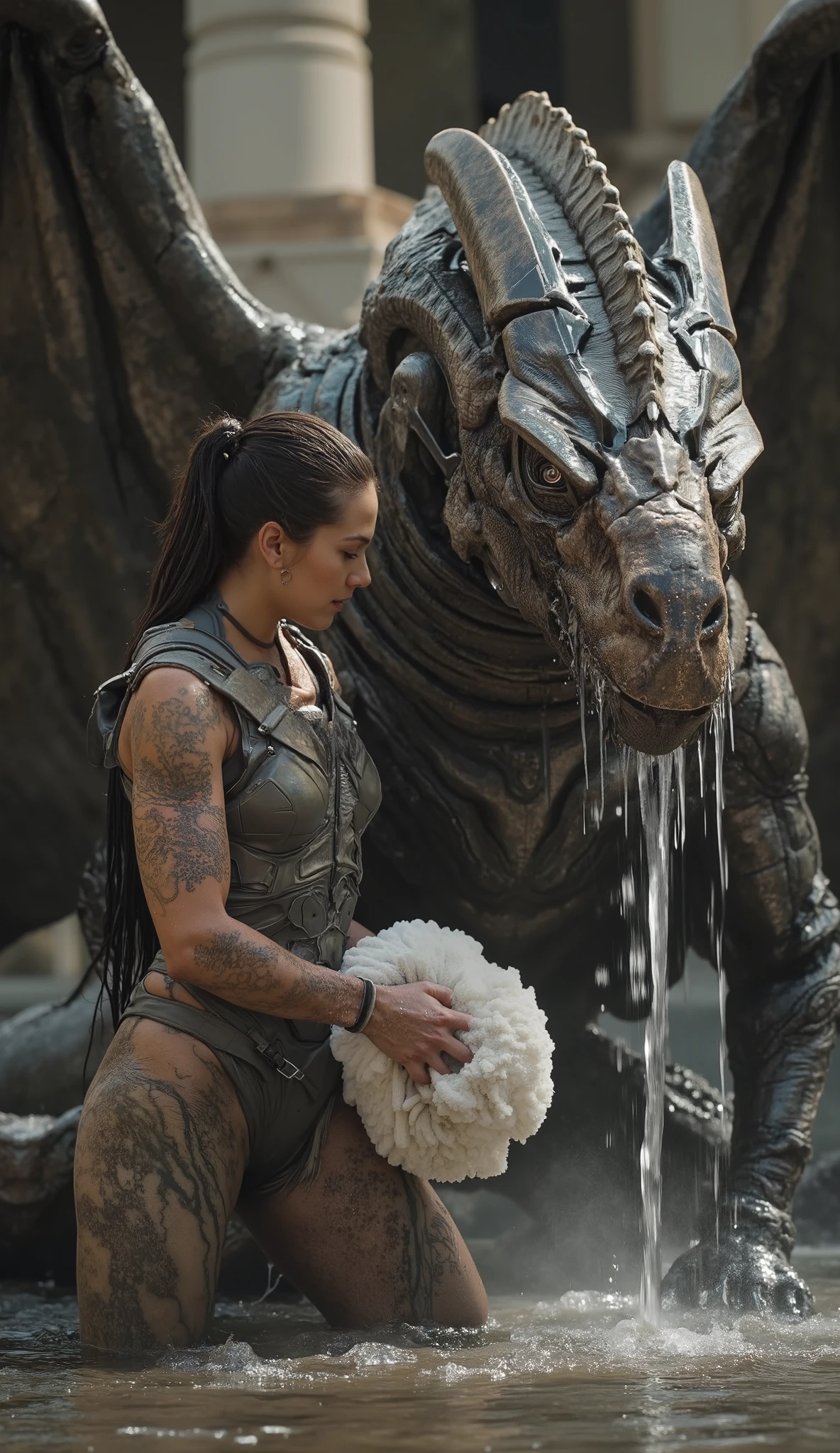 Young woman with athletic figure in ((skintight iridescent nanotech bodysuit)) that highlights her curves and feminine form, material gleaming wet as she works. ((The suit clings to every contour)), emphasizing her athletic yet sensual silhouette. She confidently handles a large foaming sponge, washing an enormous dragon (100 feet long) with hyper-detailed reptilian scales, each scale individually visible and reflecting light differently when wet. Dragon's skin texture combines snake-like smoothness with armored plates, showing intricate patterns and color variations. Modern royal stable courtyard features sleek chrome and glass elements intersecting with ancient stone architecture, creating dramatic contrast. Cascading water flows over dragon's muscular form, steam rising in golden afternoon light. Woman's rebellious beauty enhanced by geometric undercut hairstyle, rest of hair in long wet waves, arm tattoos showing futuristic tribal designs. Dragon's eyes show crystalline intelligence, pupils dilating with trust. ((Bodysuit shows technical patterns and glowing energy lines)), wet material reflecting sunlight. Wings spread 40 feet wide, membrane texture like translucent leather. Cinematic lighting, ray-traced reflections on wet surfaces, volumetric fog, photorealistic detail, 16k resolution, masterwork quality