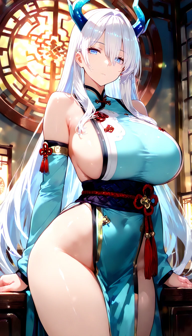 (masutepiece, of the highest quality, Best Quality, Official art, Beautiful and aesthetic:1.2),  Extremely detailed,(Colorful:1.1),highest details, one arafed woman with braids white hair and pink tips  and green eyes, big breast, sfw, japanese armor, night, blue moon