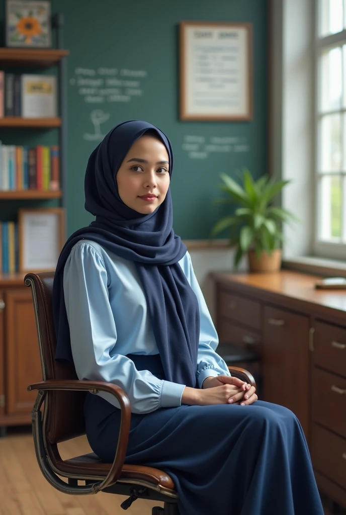 1girl, white silky dress, wearing short white hijab, blue skirt, long sleeve, classroom background, beautiful, pretty, blushing, flawless, best quality, masterpiece, ultra high res, (photorealistic:1.4), raw photo, (large breasts,full body:1.2), ((closed clothes)), detailed two arms, ((both arms squeezed the breasts)) ((wearing short hijab)), detailed beautiful eyes, detailed reddish lips, ((dress wrinkles at breasts area))