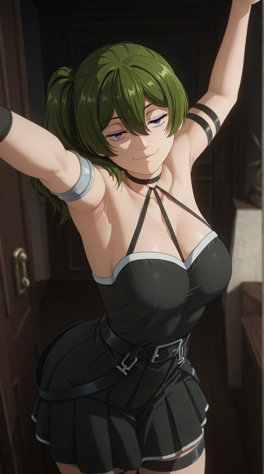 ubel, medium hair, hair between eyes, green hair, side ponytail, (purple eyes:1.1),skirt, gloves, dress, bare shoulders, pleated skirt, sleeveless, black gloves, elbow gloves, belt, miniskirt, black skirt, black footwear, (black dress:1.5), thigh strap, sleeveless dress, halterneck, armband, single glove, black belt, pleated dress, arm strap,NSFW、白色のパンティが見える、POV、美乳