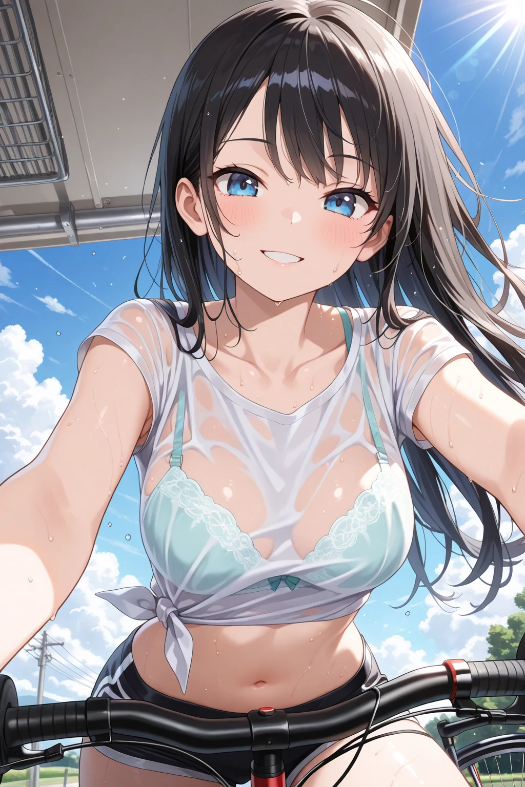 Girl with unbuttoned white shirt、Cute light blue bra、Cute light blue underwear、barefoot、Girl with super long black hair、Cumulonimbus cloud and blue sky、Beautiful breasts、White skin、Orange bra、Orange underwear