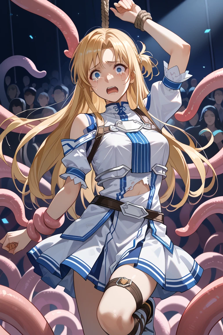 Browsing Caution,(A girl with her limbs spread and buried in a tentacle hole,Wide-open legs,Wide open arms,Arms covered in tentacles,Tentacle-covered legs,Sailor warrior transforming heroine with pink lines on white cloth,Shiny ruffle skirt、Metallic Leotard Armor.,No sleeve,Waist ornaments and armor adorned with large jewels,Transformation Heroine Hair Accessories,Torn white transforming heroine thigh-high socks,A big red ribbon and a big jeweled brooch,Shining white heroine costume,Tight transforming heroine gloves:1.5),(Men and women having sex,A transforming heroine gets raped:1.5), (vagina,penis:1.5),(A girl with her limbs buried in a bed of giant tentacles,Arms and legs stretched:1.5),(tentacles surrounding the girl,His arms are covered in tentacles up to his shoulders,Her legs are covered in tentacles up to her thighs,Tentacles bind limbs,Massive bukkake,get off:1.3),belly button, (The girl is angry,Open your mouth:1.3),Sweat,Love Juice, (Petite Girls,young,thin,Very small breasts:1.5),Blonde,Perfect Face, Perfect Anatomy,(Cowboy Shot:1.5),(vaginaから溢れる:1.2)
