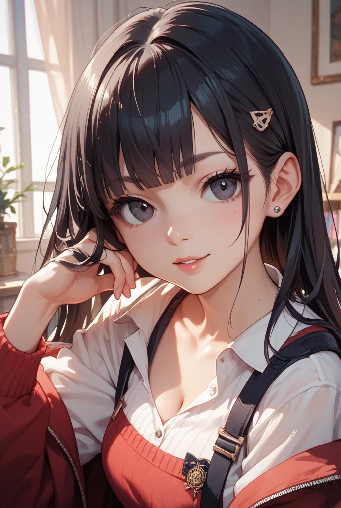 masterpiece, highest quality, One Girl, Thighs, beautiful girl, Flowers, たくさんの小さなflowerびら, flower、Small waist, RAWphotograph,Bright lighting、Face Light, Ultra-realistic, High resolution, photograph, Sharp focus, Highly detailed eyes and face,Symmetrical face, whole body、Large Breasts、Long Hair、チラリと見えるThighs、Cleavage、Red Micro Mini Skirt、White high heels、White lace shirt、No sleeve、Hair tied back with a big red ribbon、Mountain trail、White high heels