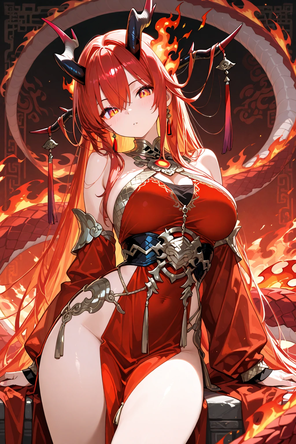 (masterpiece, highres, high quality, very aesthetic, intricate details, super detailed skin, ideal ratio body proportions),front view, upper body, breast focus, newest, 1girl, large heavy breasted anime girl with red hair , 1girl, monster girl, sekiryuu(kemono friends),(Oriental dragon girl:1.5), breasts, solo, thick thighs,(red dragon tail:1.5),(deer horns:1.5),((red hair)), Fluffy Bob Cut, straight perm hair, medium hair, shiny hair, red eyes, armpits, arms behind head, huge breasts, thicc, gleaming skin, oil, seductive grin smug, skindantation, white cropped shirt, dress shirt, tied blouse, sleeveless_shirt, red short necktie, loose necktie, red fingerless_gloves, navel, underboob, midriff, very micro black shorts, red belt, black garter straps, black lace garter, red thighhighs, fishnet tights, white background, simple background, looking at viewer, alternate breast size, in front of the viewer, hands behind back,underboob, shirt,dragon, long,fishnets,pantyhose