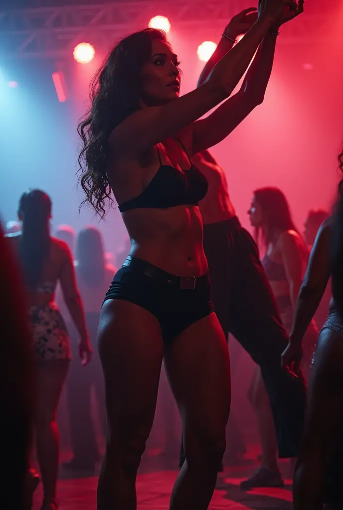 Sexy, stunning, girl lifting a man in her strong arms. She is standing confidently in a night club.
