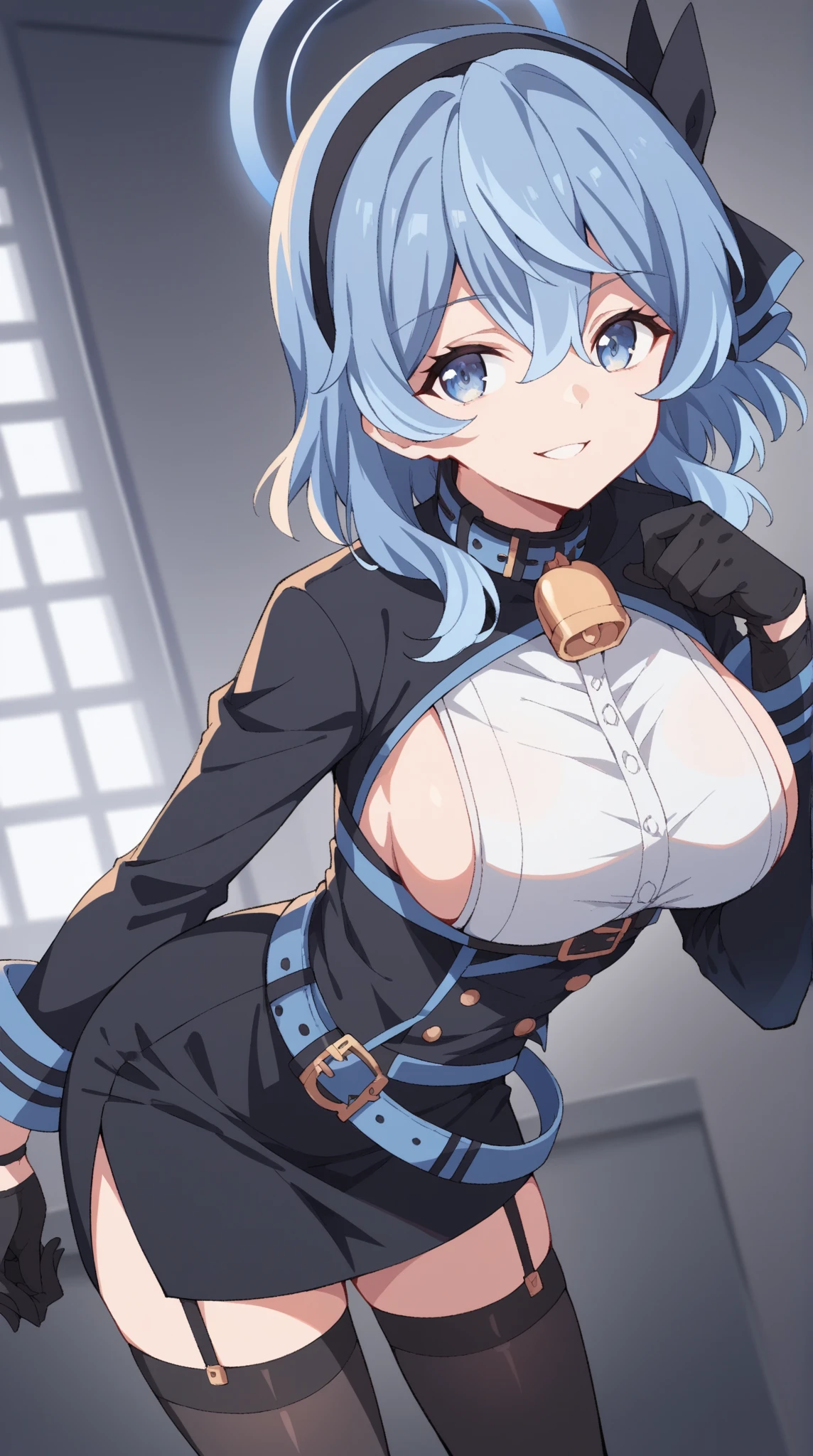 Cute girl, short white hair, cat ears, blue eyes, smile, blue collar, bell, tight blue clothes, white wool collar, blue gloves, long sleeves with white wool ends, big breasts, black belt