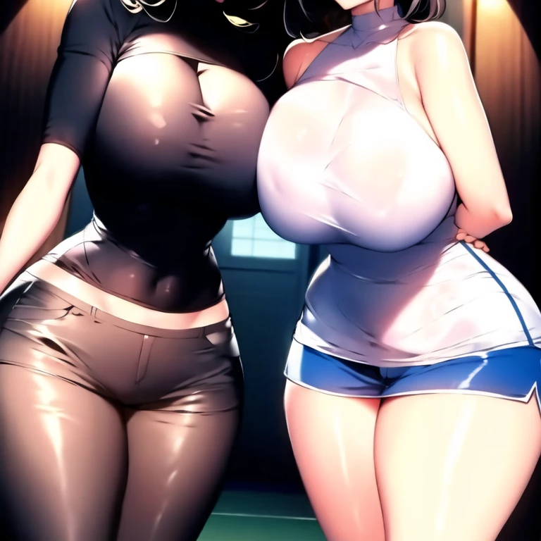 2 sexy food delivery girls outside of your door and wearing white uniforms with blue and orange trim. Young short sexy sporty, huge massive hanging breasts, full thick pouty lips, short sexy wavy black hair, big eyes with long eyelashes, big gorgeous smile, super wide birthing hips, thick toned thighs, no bra, no panties. Cinematic lighting.