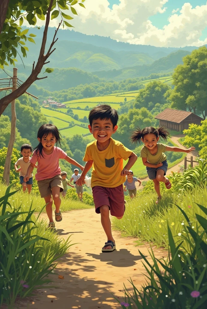 Illustration style，Grassland under blue sky and white clouds，There is a group of happy children