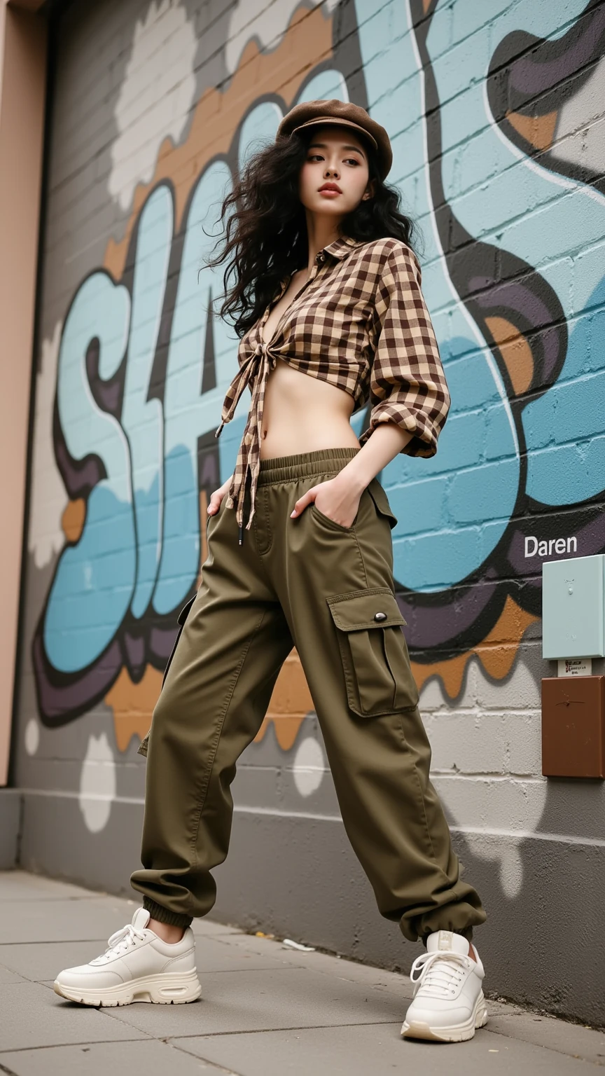 A teenager with black hair and white skin. Wearing big fluffy peach pants with pockets. Jordan shoes. And has a black long sleeve show a little of her belly waist