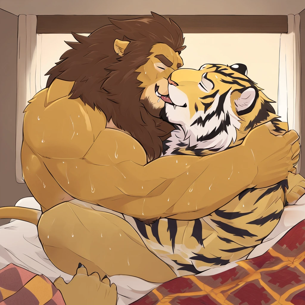 a furry lion, He is 30 years old and he is a father and he is lying in bed, his 10 year old son is on top of his father kissing him