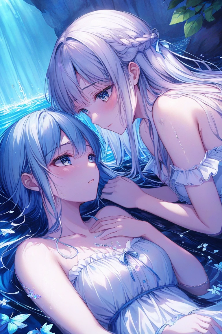 hyper quality, high resolution, intricate details, panorama, dutch angle, (2 little girls) wearing (white and black silk dress), silk texture dress, (white dress and black dress:1.15), (very large dress, best silk texture, best Wrinkles on dress), (yuri, lesbian), (deep kiss, hug:1.25), full body, Beautiful eyes, (Partial submerse:1.1),Partial dress in water, (Water sprayed, water column:1.1) (wet, very wet dress, wet body, wet long hair, wet sleeve, wet silk dress, wet skin:1.1), (Transparent mucus wrapping, water drop), submerse in water, Poignant and beautiful, Smile in despair, smile in sadness, closed mouth, (beautiful and detailed water:1.1), (dark dungeon, dark and damp water dungeon, enclosed space:1.15), (Cement walls), dark light, light source, (atmosphere of despair:1.15), (Water mist), inspired by the flower house Yiding's manga painting, Pixiv competition winner, ukiyo-e, ukiyo-e art style, ukiyo-e style, Japanese art style, Japanese illustrator,