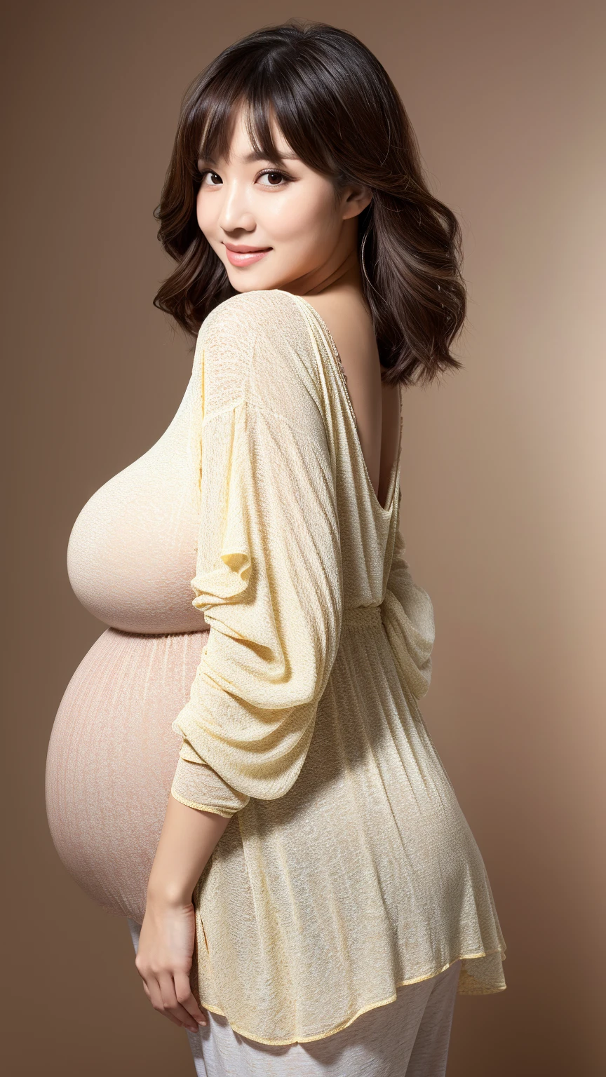 masutepiece, Best Quality, Illustration, Ultra-detailed, finely detail, hight resolution, 8K Wallpaper, Perfect dynamic composition, Beautiful detailed eyes, Natural Lip, Sexy knitted dresses , Big breasts, colossal tits, cleavage, huge pregnant, pregnant with twins, Random sexy poses, Full body