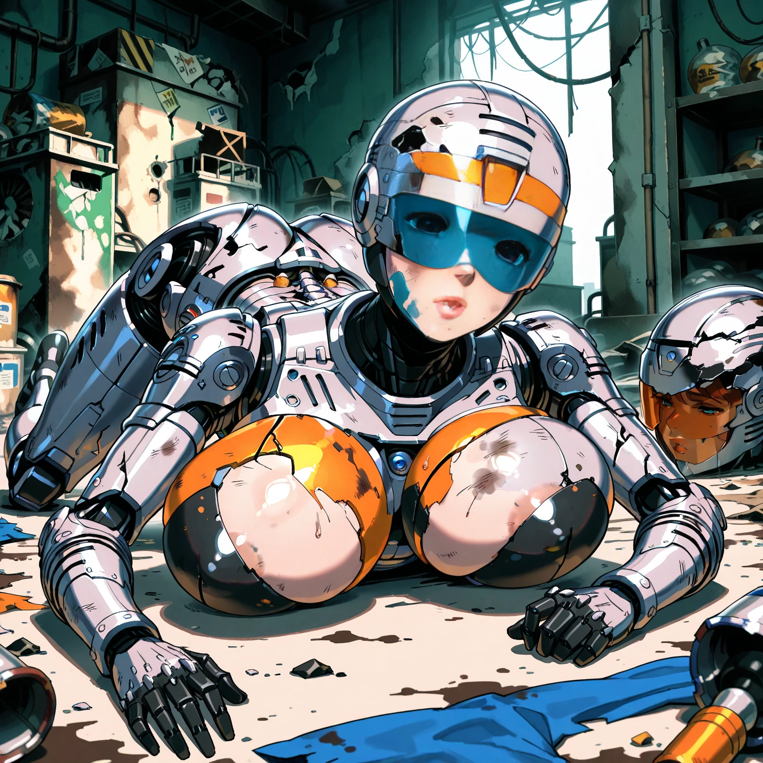 (subject 1: A cute woman Space explorer, embarrassed, attempting to cover herself, stripped naked except for her belt and shoes ) has encountered an alien civilization (Subject 2: Scary but friendly aliens, cybernetic enhanced, robot servants), they examine the space explorer without respecting personal space (sucking on her tis, pumping milk from her breasts) the aliens are intrigued by lactation