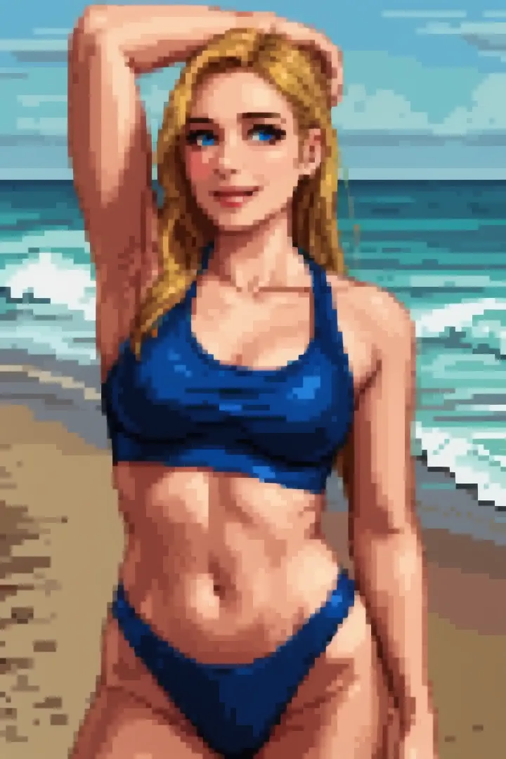 there is a woman in a bikini and blue eyes on the beach, android 18, realistic shaded perfect body, lola bunny fanart, realistic anime 3 d style, character is in her natural pose, realistic bikini, photorealistic perfect body, asuka as a surfer model, highly detailed giantess shot, 3 d anime realistic, high detail iconic character