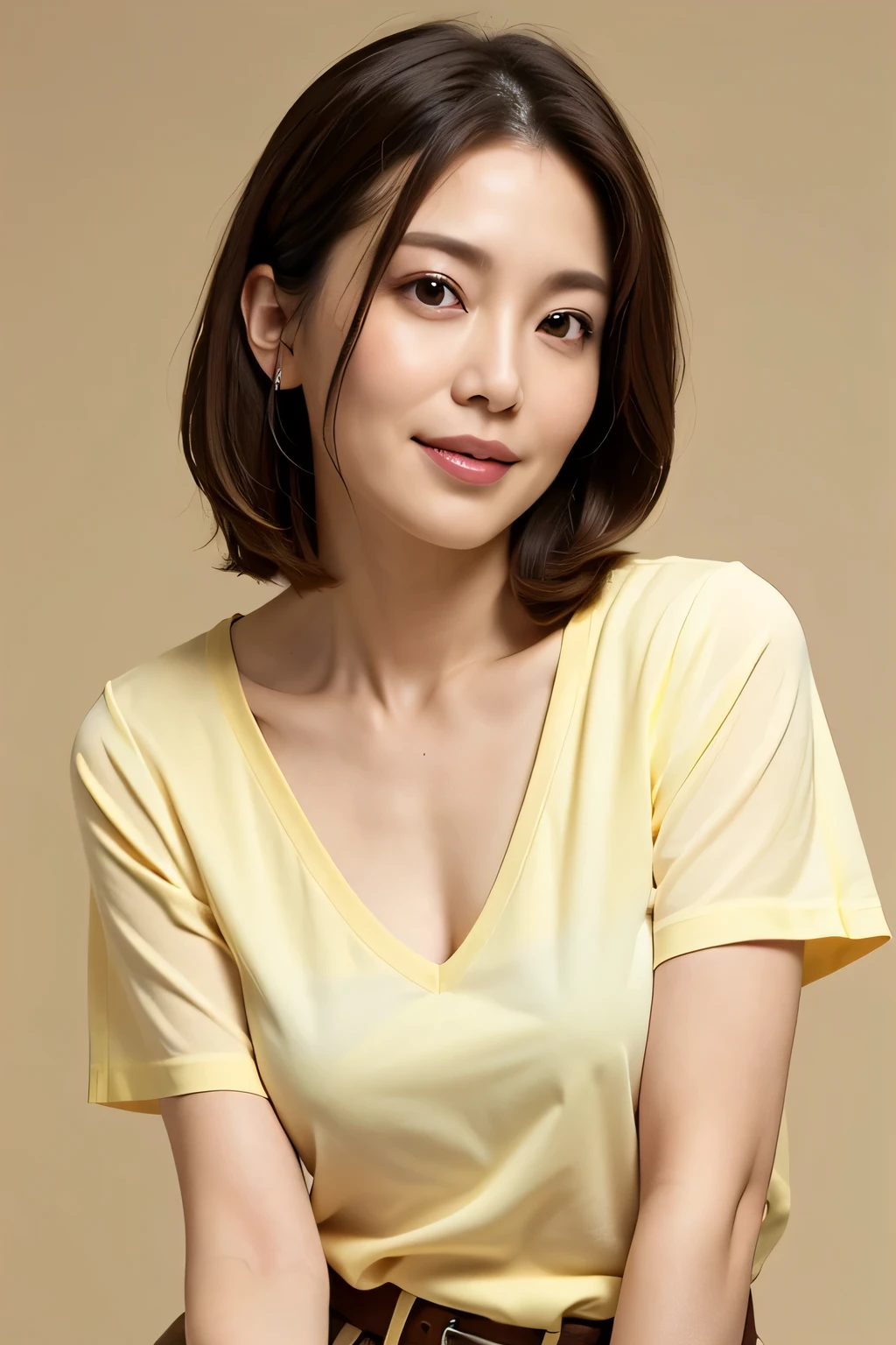 ((top-quality)), long legged, foco nítido:1.2, Beautiful woman with perfect body shape:1.4, Slender Abs:1.1, ((dark brown short hair、Colossal tits:1.2)), (Shiny Silver Tight T-Shirt, The sheen、Standing Black Spats:1.2), Detailed face and skin texture, A detailed eye,a room