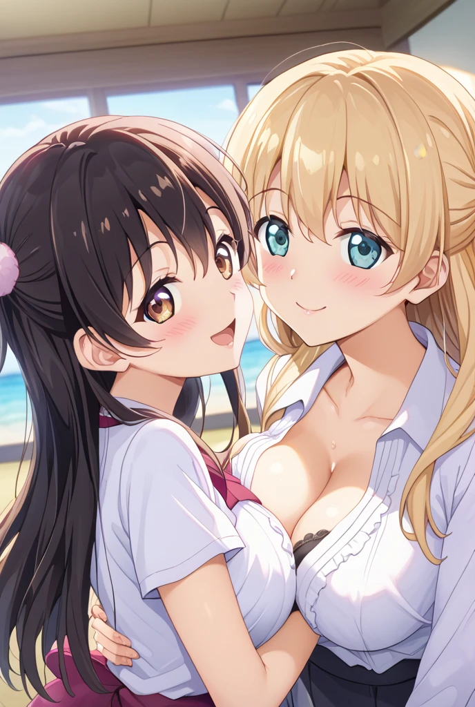 lighting like a movie、A girl Holding another girl from behind and has a penie and a sus face fucking the other girl、a room、(A brunette one、white colors)、embarrassed from、Wear sweat、Covered in sweat、(A blonde、in pink)、Two girls wearing bikiniull Body Sweat,Sweating in the legigchest,full bodyesbian,Sexy thighs,twogirls,Lateral face