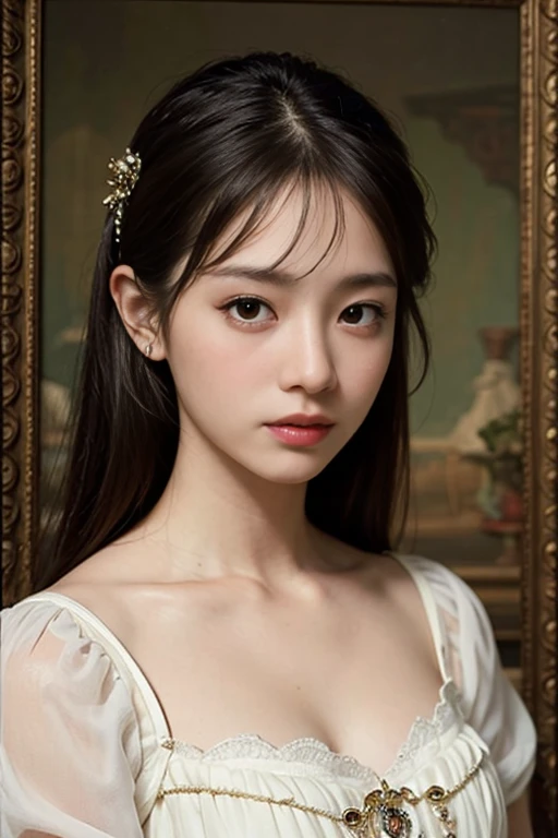 (masterpiece), photorealistic, cute face, full-length bodyshot, sunset, cinematic, canon lens f1.4, (historical movie picture style), cute sexy, nudist, pleasure, fine eyes, long messy hair, perfect anatomy, little smile, slightly open mouth, thin silver crown, (frame the head), Centered image, stone statues on background, dark fantasy style, medieval aesthetic, luminism, 8 life size, 8k Resolution, human hands, wonderfull, elegant, approaching perfection, dynamic, by Steve Hanks, highly detailed, facing directly at the viewer, stunningly beautiful, detailed hairstyle,