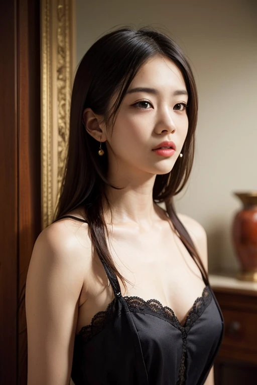 Skinny Japanese woman, Dressed, small head, cute face, detailed face, detailed eyes, (photographrealistic:1.4), (Hyper realistic:1.4), (Realistic:1.3), (Smoother lighting:1.05), (increase cinematic lighting quality:0.9), 32K, 1girl in, 30-years old, Realistic lighting, Backlighting, Light on Face, raytrace, (Brightening light:1.2), (Increase quality:1.4), (Top quality real texture skins:1.4), Black underwear, a necklace, Very thin waist, slender legs, (Increase body line mood:1.1), (Increase the beauty of skin texture:1.1)