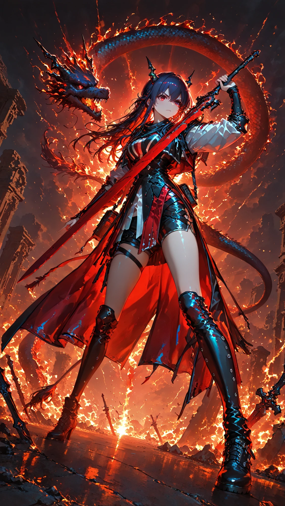 1girl , solo , Cradle of the Crucible , Facing the final battle , Heir to the Dragon Clan , The guardian spirit of the dragon protects her ,
Ch'en Hui-chieh_Arknights , Ch'en's sword Red Dawn , Jumper, white shirt, hot pants, combat long boots , fighting stance , Hold the sword in an upper stance , dramatic pose ,
break ,
( ambient occlusion:0.9 ) , masterpiece , best quality , ultra-detailed , high resolution , extremely detailed CG , unity 8k wallpaper , super detailed skin , perfect anatomy , detailed beautiful face , detailed beautiful eyes , highres , chiaroscuro , highly detailed background , elaborately designed clothes , dramatic lighting , dramatic angle , light particles , ARW ,