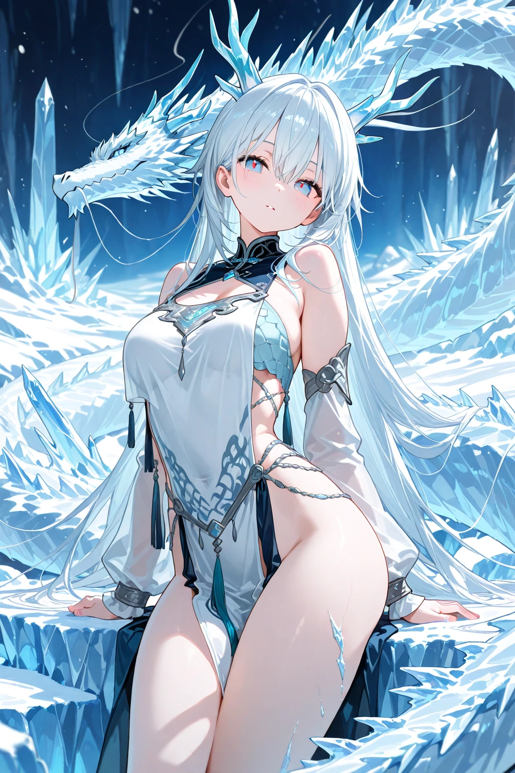 Masterpiece, Ultra HD, Ultra HD, 8K Quality, anime,1woman, white fox woman, large breasts, fox ears, white frilly bikini, white fox tail, multiple tails, cleavage, sitting, looking at viewer, navel, smiling, detachable sleeves, huge, water, thighs, ear hair, bare shoulders, front tie top, beach, arm support, narrow, feet out of frame, front tie bikini top, see through, barefoot, white choker, clavicle, neck ribbon, halter neck, underbust, water's edge