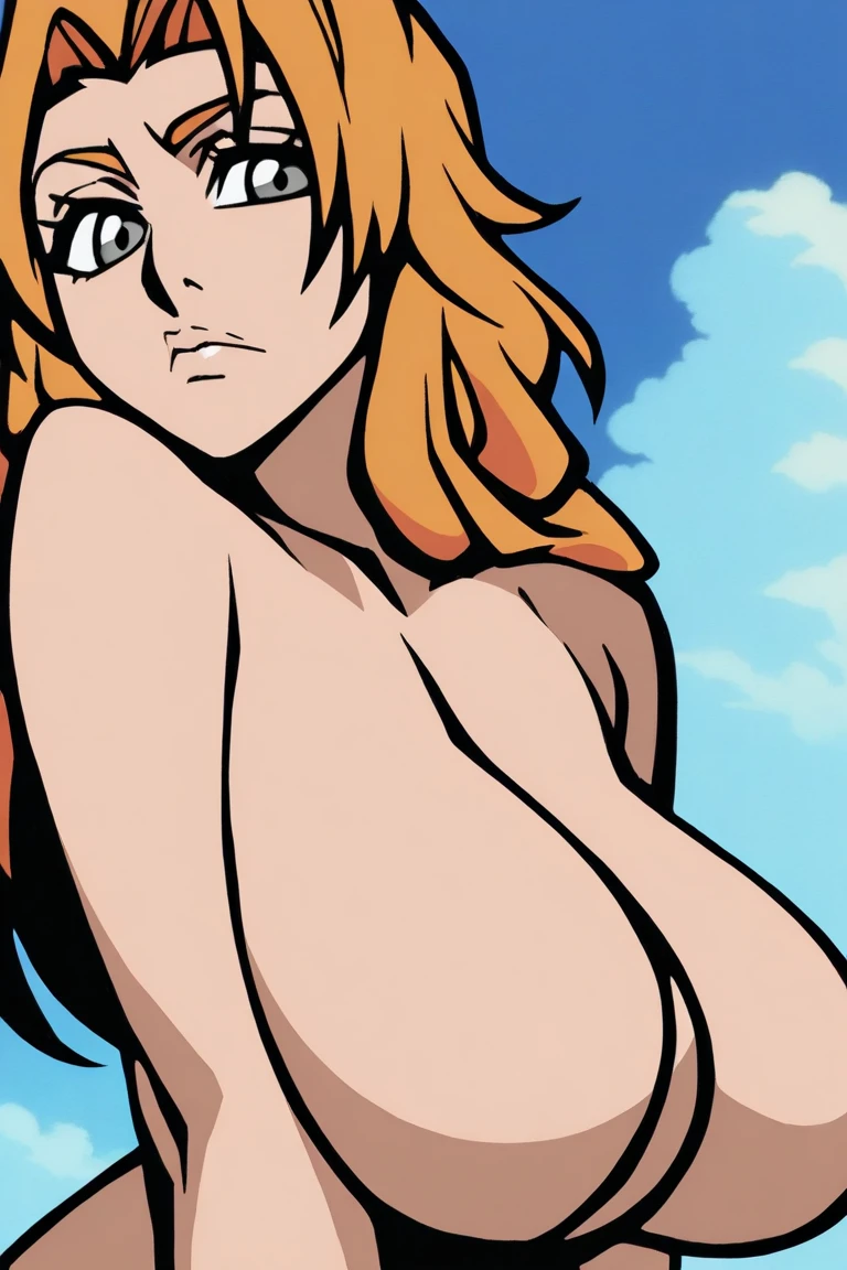 lifeguardWaifu, (masterpiece), best quality, blonde hair, beach, slutty, large breasts,, huge breasts, enormous breasts, nude, nipples, cowboy shot
