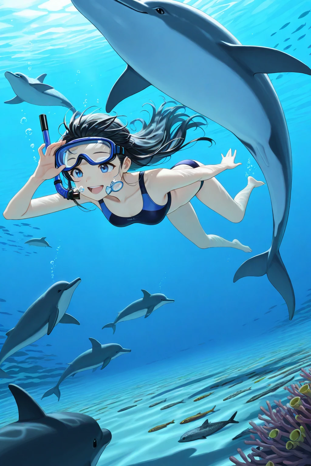 Highest quality,Highest Resolution,Girl swimming in the deep sea,The picturesque world of Lassen,Dolphins and Killer Whales,coral,sunset,