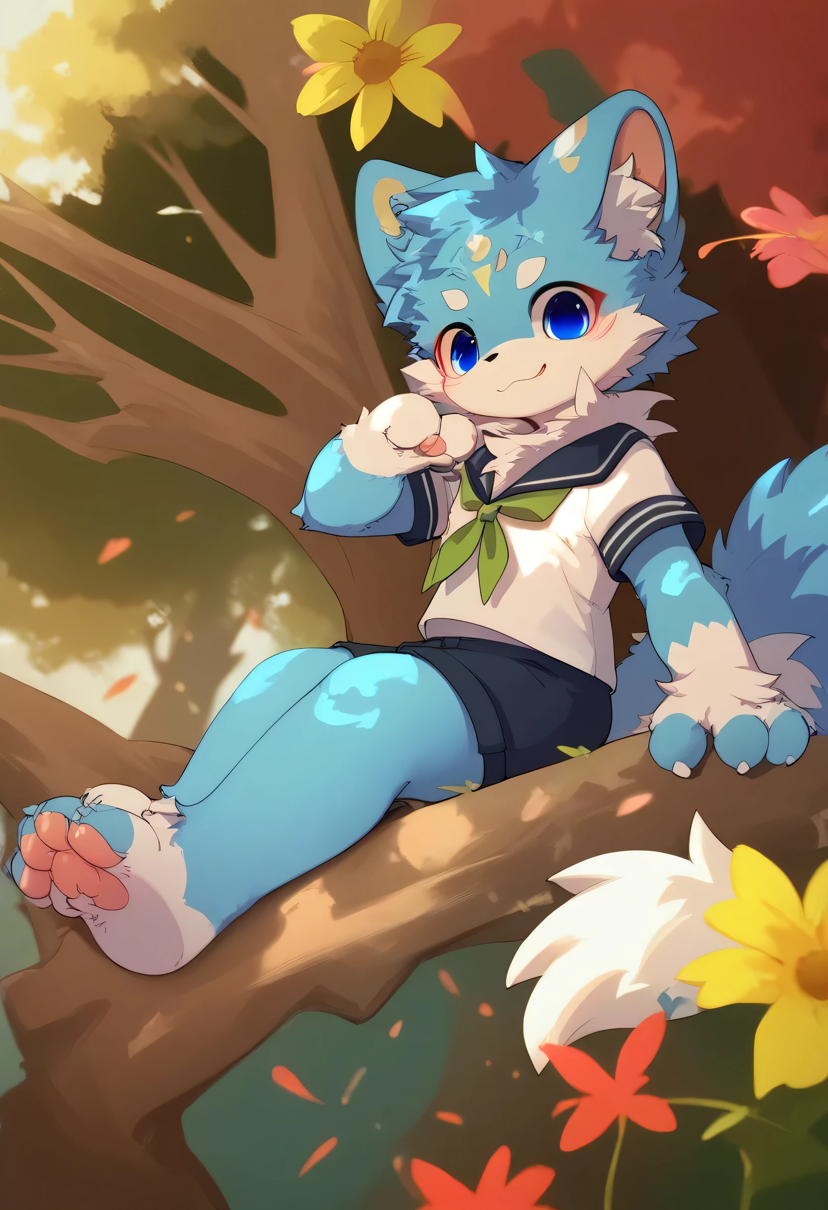Exquisite lines，best quality。young，male，Strong body，Light green fur，Wolf Orc，higher，Blue and white school uniform，White shorts，Red and black shoes，Blue pupils，Background school classroom，Malicious laughter，evening