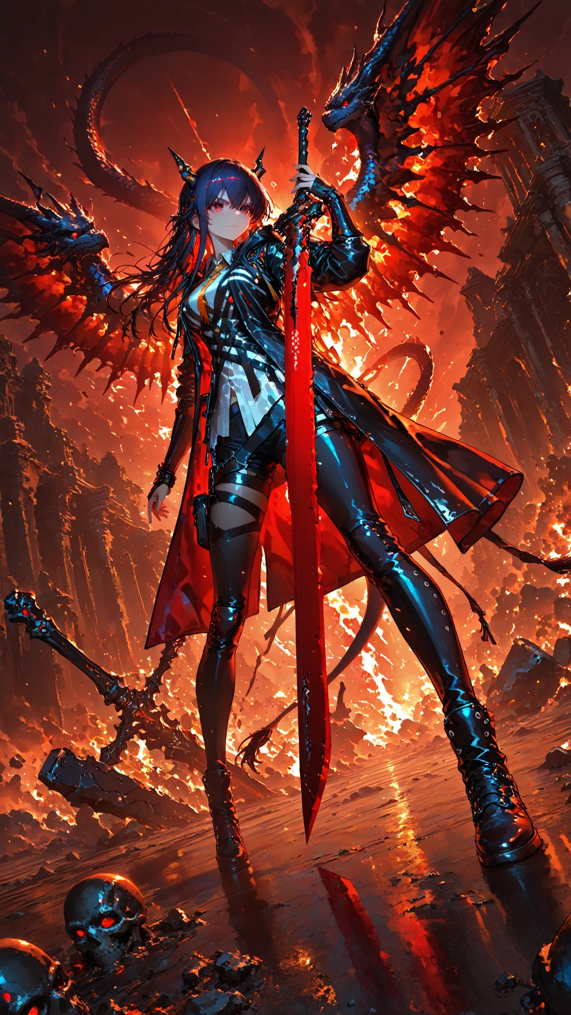 1girl , solo , Cradle of the Crucible , Facing the final battle , Heir to the Dragon Clan , The guardian spirit of the dragon protects her ,
Ch'en Hui-chieh_Arknights , Ch'en's sword Red Dawn , Jumper, white shirt, hot pants, combat long boots , fighting stance , Hold the sword in an upper stance , dramatic pose ,
break ,
( ambient occlusion:0.9 ) , masterpiece , best quality , ultra-detailed , high resolution , extremely detailed CG , unity 8k wallpaper , super detailed skin , perfect anatomy , detailed beautiful face , detailed beautiful eyes , highres , chiaroscuro , highly detailed background , elaborately designed clothes , dramatic lighting , dramatic angle , light particles , ARW ,