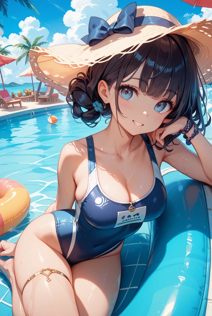 A woman wearing a separate swimsuit、Please draw an illustration of someone playing in the ocean while holding on to a swim ring.。The woman is laughing cheerfully、Having fun in the crystal clear water。In the background、It depicts the blue sea and a slightly rippling water surface.。